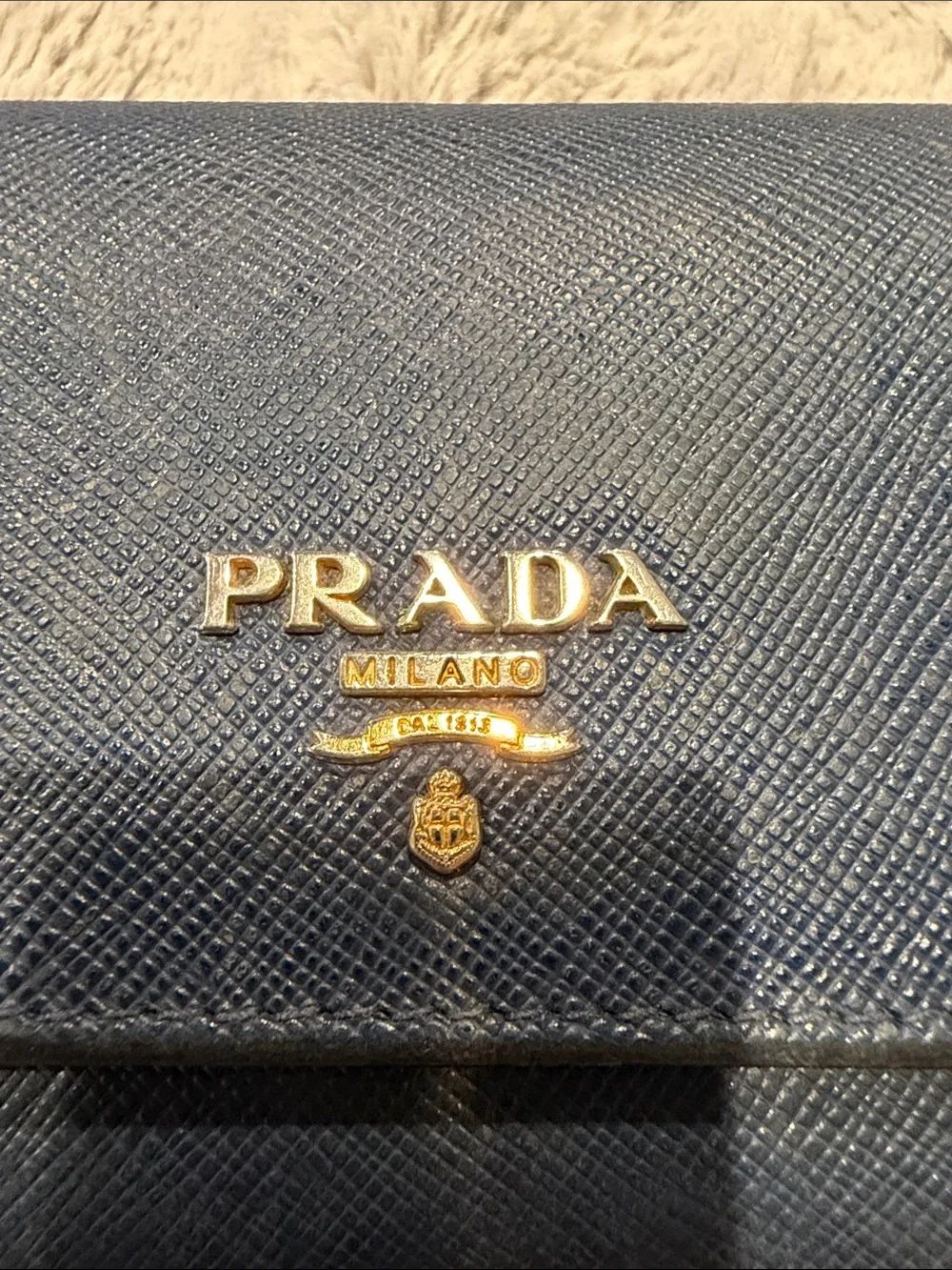 Prada Dark Blue Saffiano Leather Flap Wallet with Gold Logo